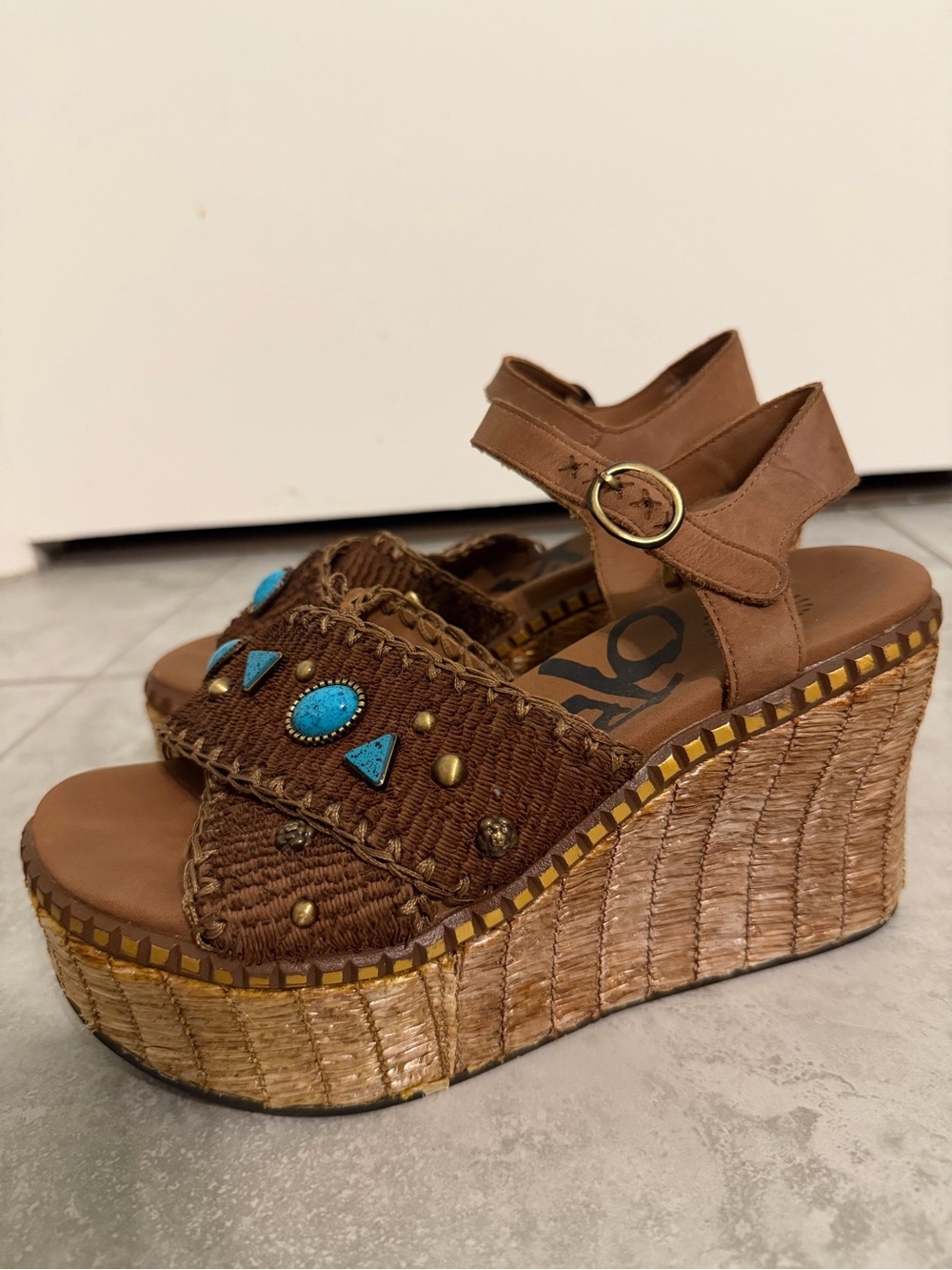 Brown Woven Platform Wedge Sandals with Turquoise Accents